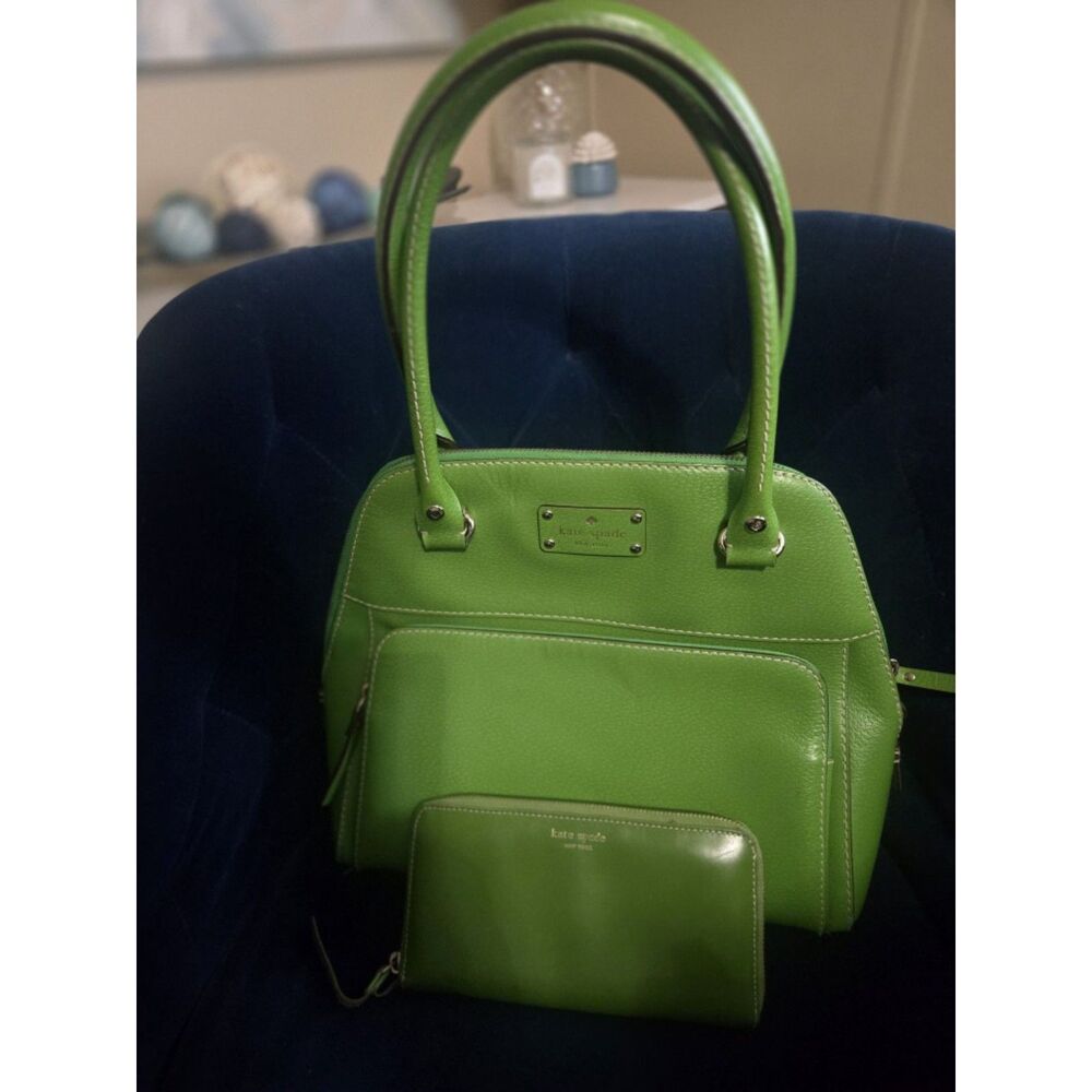 Kate Spade New York  - Green Leather Dome Satchel Handbag + Matching Wallet Set